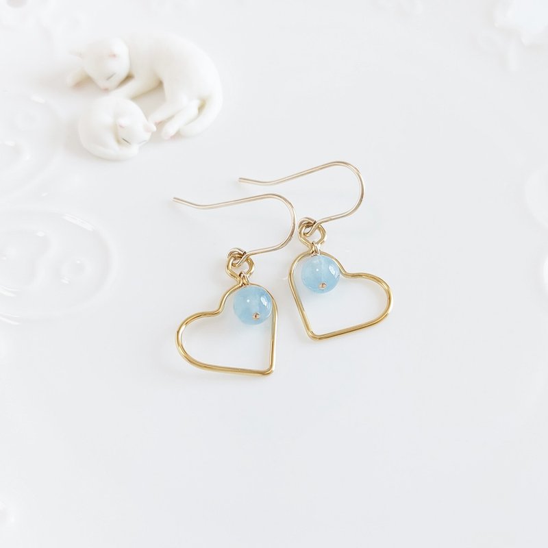 Aquamarine x 14KGF Heart Earrings - ต่างหู - คริสตัล สีน้ำเงิน