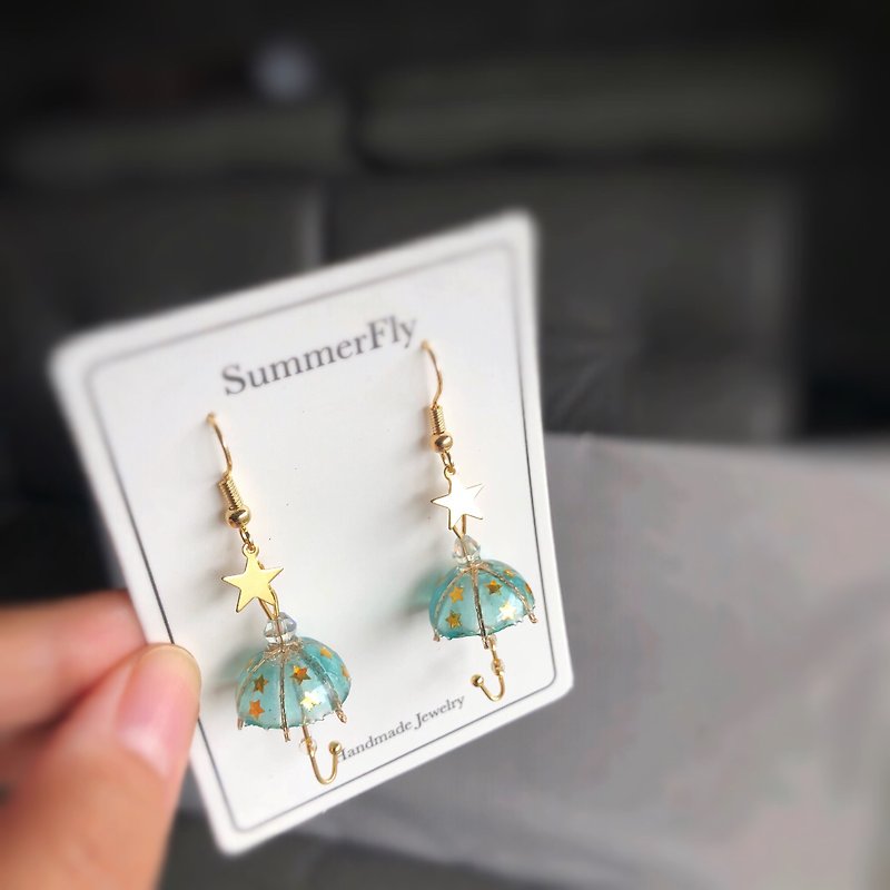 14k gold glazed umbrella dangle earrings drop translucent blue green stars mushroom earrings - Earrings & Clip-ons - Resin Green