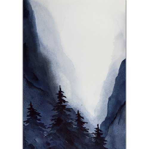 Nadya Ya Art Mountain Painting Pine Tree Original Art Watercolor Landscape Hand-Painted