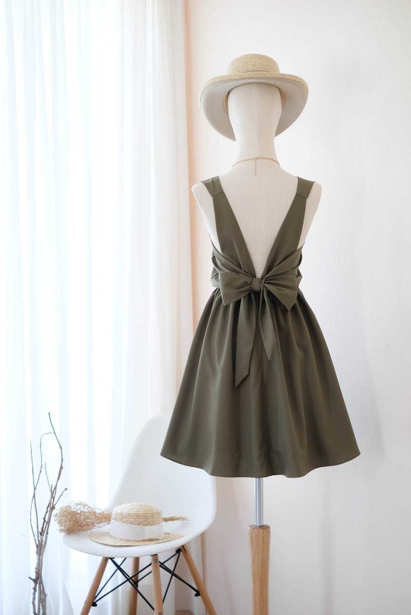 Olive Green Dress Bridesmaid dress backless party Cocktail short dress - ชุดราตรี - เส้นใยสังเคราะห์ สีเขียว