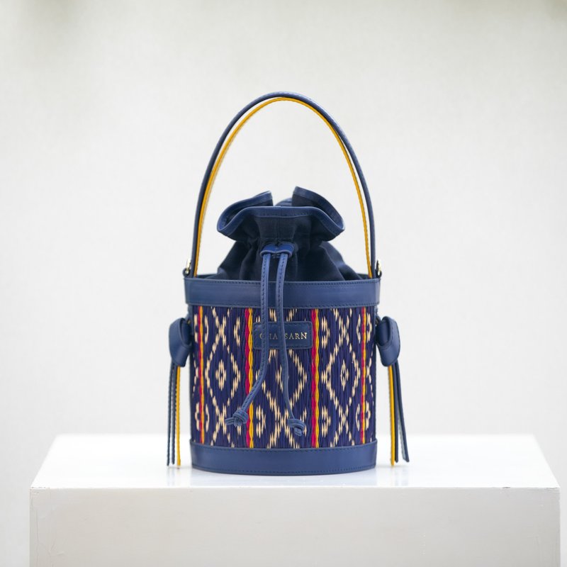 Chaksarn Mini Bucket: Natural Blue Straw with Blue Genuine Cowhide Leather - Handbags & Totes - Genuine Leather Blue