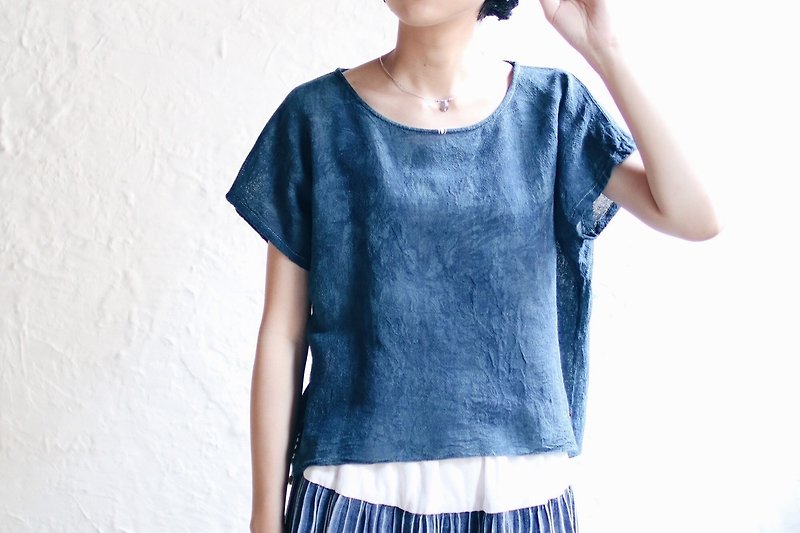 OMAKE REMAKE Blue Dyed Side Embroidered Silver Bead - Women's T-Shirts - Cotton & Hemp Blue