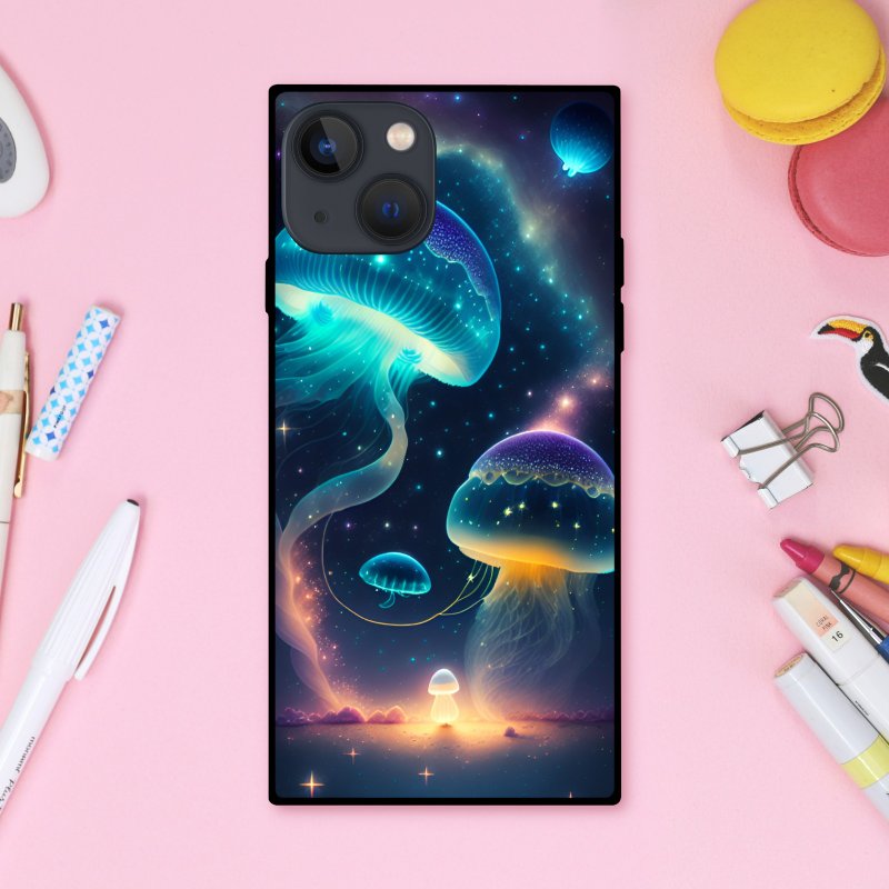 A square smartphone case featuring a dreamlike, glittering jellyfish swimming in a deep-sea-like universe [tempered glass finish] for iPhone 16 - Phone Cases - Plastic Multicolor