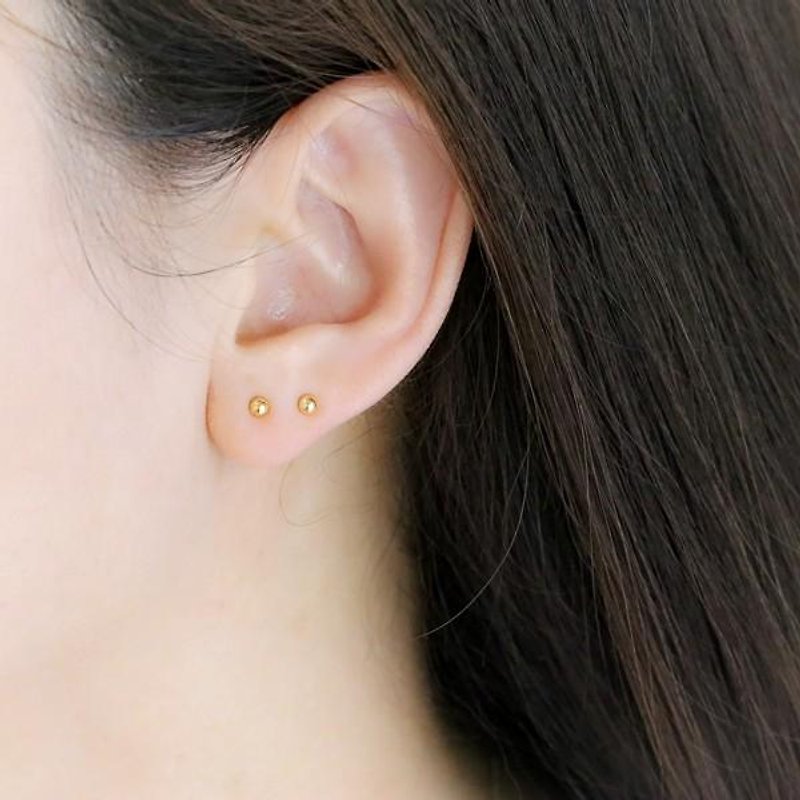 K18 gold simple round ball ball stud earring second earring 3mm - Earrings & Clip-ons - Gemstone Gold