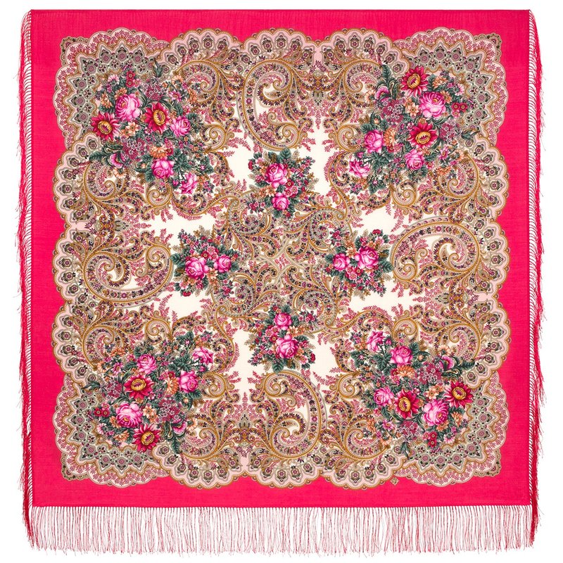 Pavlovo Posad Russian Shawl 100% Wool Scarf 125x125 cm Wrap Silk Fringe 2105-5 - 絲巾 - 羊毛 紅色