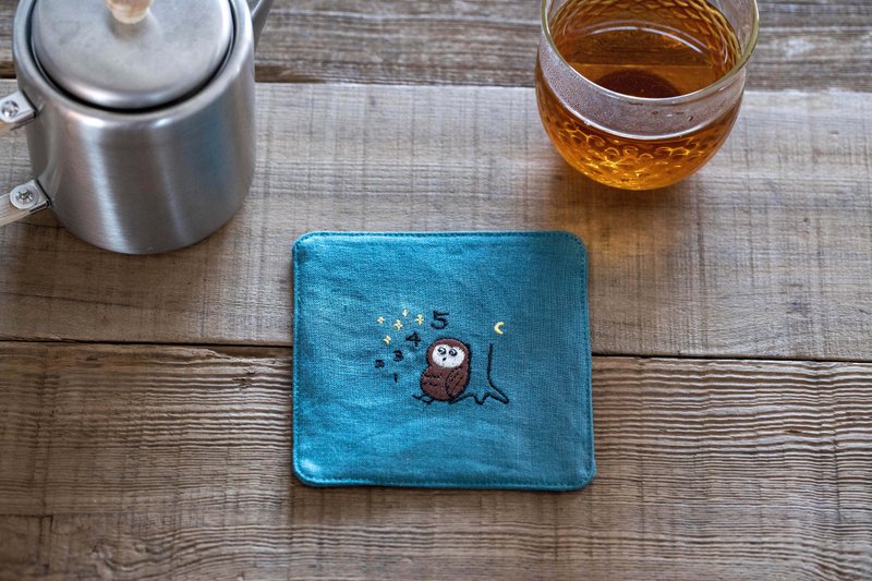 Owl Embroidered Coaster Teal - Coasters - Cotton & Hemp Blue