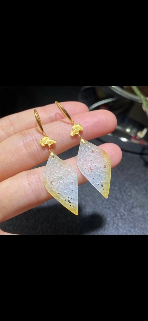 Good Morning Studio 冰種翡翠 天然翡翠 A玉 耳墜 耳釘 • 18k金復古風雕花牌翡翠耳環