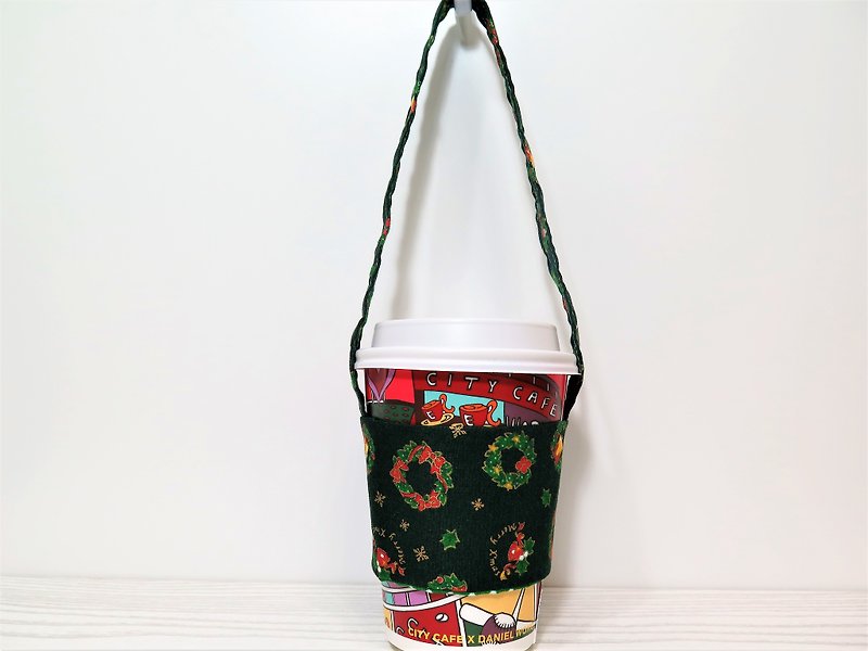 聖誕節專屬/環保飲料杯套.提袋.日本限量印花棉布-聖誕裝飾 - 飲料提袋/杯袋/杯套 - 棉．麻 綠色