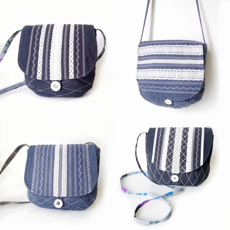 Quilted Women's Blue Fabric Crossbody Purse with Lace and Decorative Stitching. - กระเป๋าแมสเซนเจอร์ - ผ้าฝ้าย/ผ้าลินิน สีน้ำเงิน