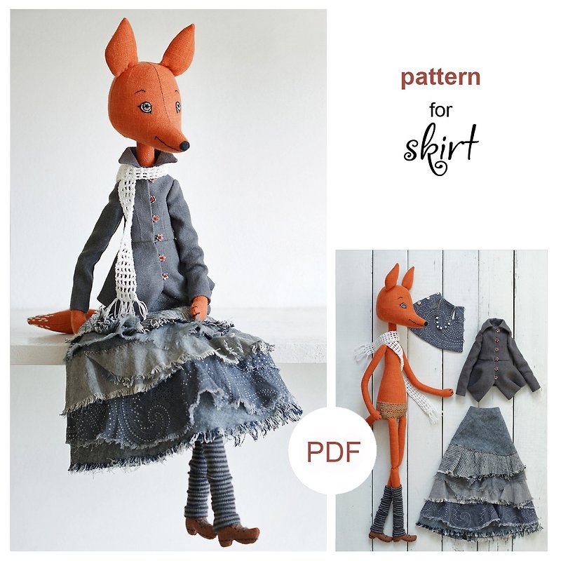 Boho skirt pattern for doll fox - doll clothes pattern, pdf digital file - 手工藝教學/工具書 - 其他材質 