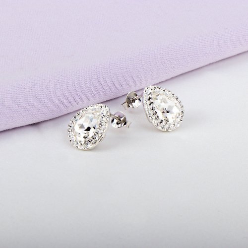 Bling Bijoux studio Genuine 925 Sterling Silver Teardrop Halo Stud Earrings Crystals from Swarovski