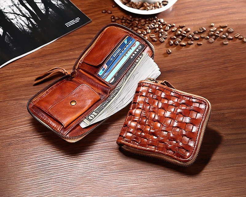 Handmade Leather Wallet, Minimalist Wallet, Leather Card Holder Wallet, Zipper Leather Coin Purse, Change Purse - กระเป๋าสตางค์ - หนังแท้ สีนำ้ตาล