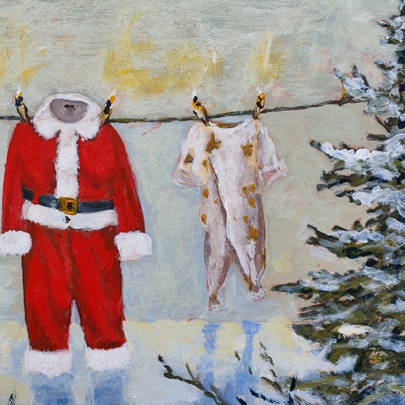 Christmas Painting Clothes Line Original Art Santa Laundry Wall Art Day Delight - 海報/掛畫/掛布 - 其他材質 紅色