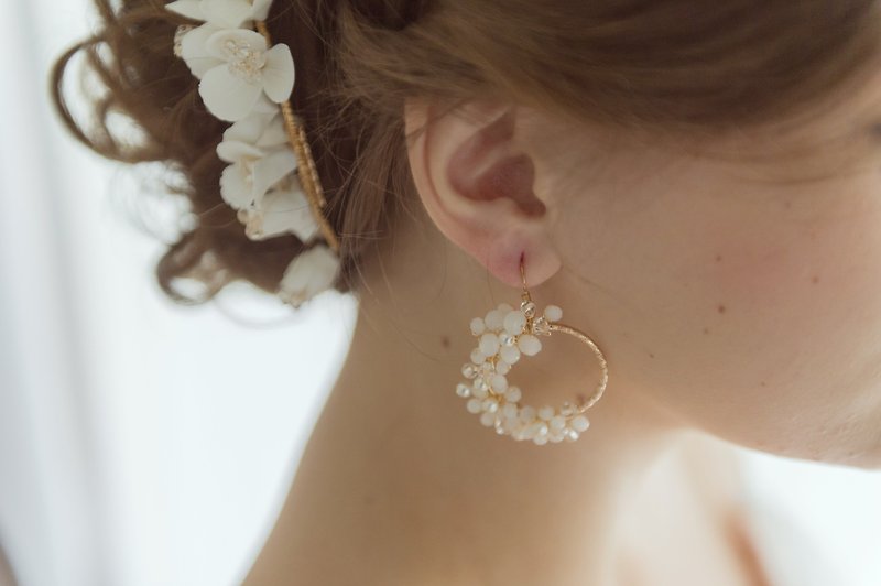 韓國小圓型珍珠水晶垂墜耳環 - 耳環/耳夾 - 其他材質 