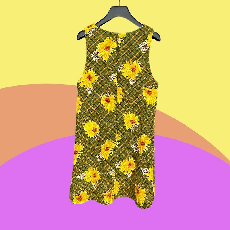 二手 綠黃 印花 向日葵 格紋 絨布 無袖 洋裝 CA417 - 連身裙 - 聚酯纖維 綠色