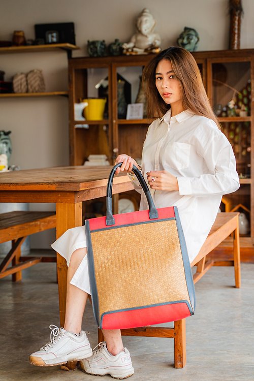 im-athai Tote Bag - Red Chilli ( hand weaving Krajood and Cow Leather)