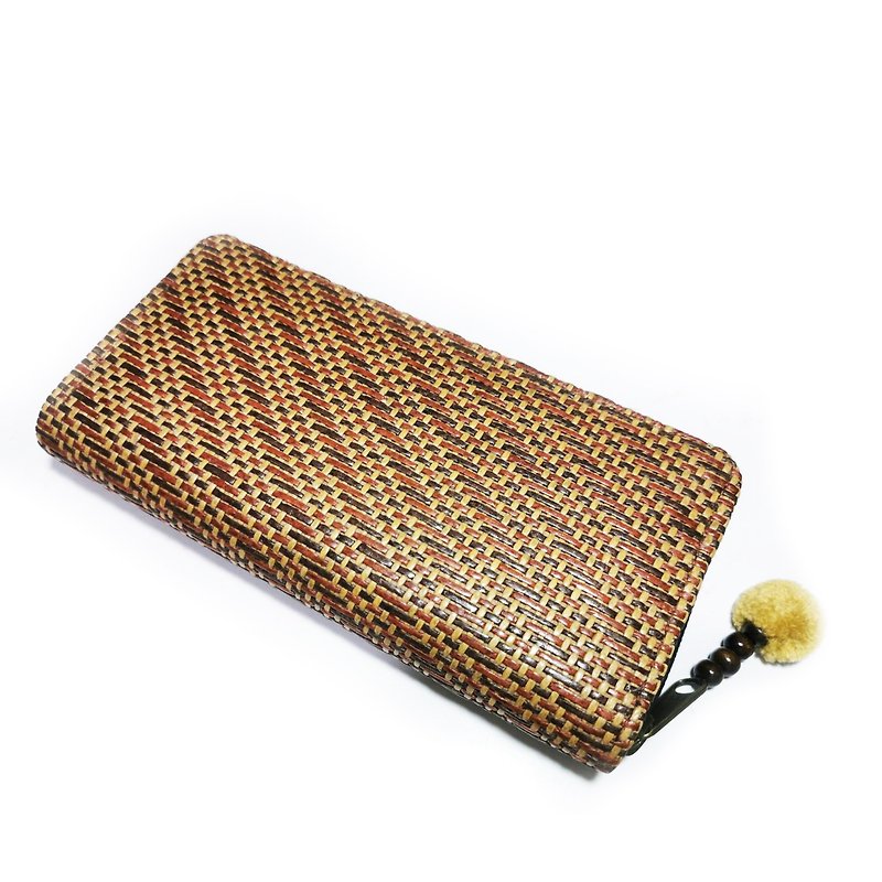 Unique Natural Rattan wallet Woven rattan zip wallet with Pom Pom Zipper - 長短皮夾/錢包 - 棉．麻 咖啡色