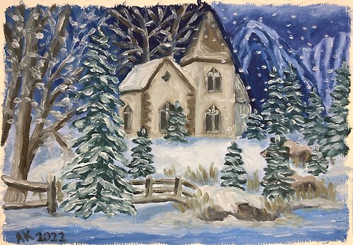 雪の夜の油絵、冬のイラスト、自宅でのクリスマスの日 - ショップ 