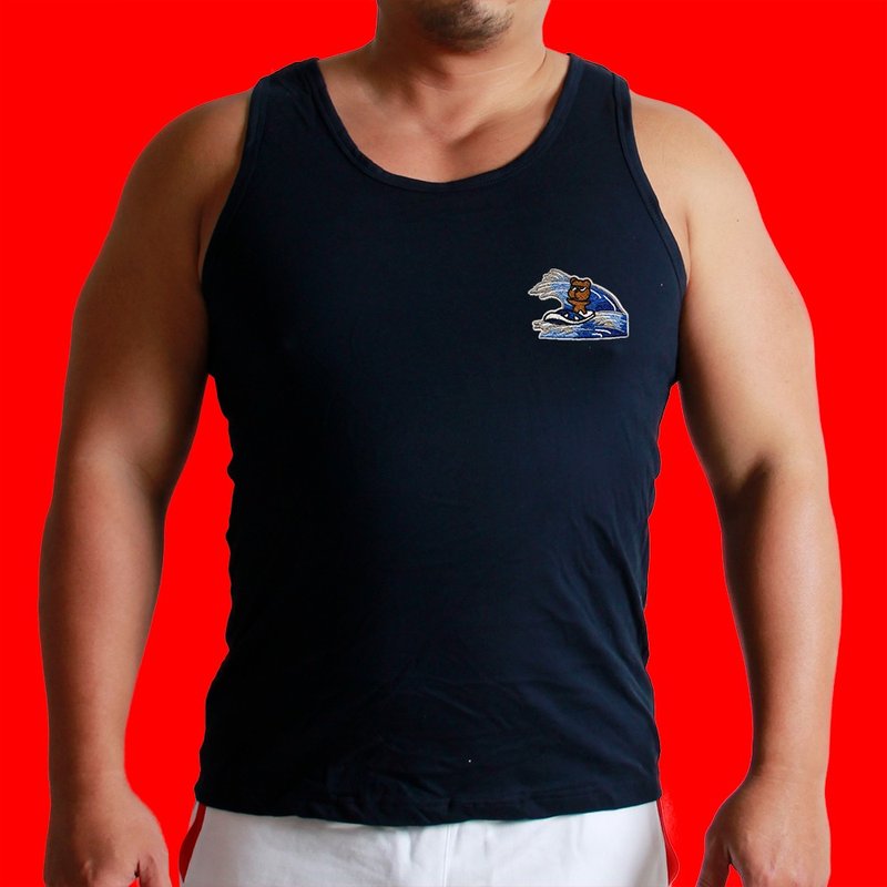 Vest-Patch-Blue and White Surfing Bear (Zhang Qing) - เสื้อกั๊กผู้ชาย - ผ้าฝ้าย/ผ้าลินิน สีน้ำเงิน