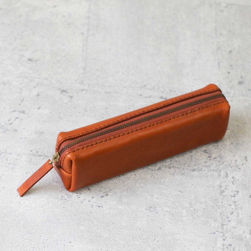 orange Leather Pencil Case - กล่องดินสอ/ถุงดินสอ - หนังแท้ สีส้ม