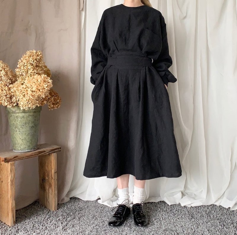 Belgian Linen tuck ribbon dress, handmade in Japan, natural Linen - One Piece Dresses - Cotton & Hemp Black