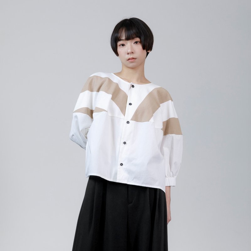 寬條紋拼接氣球袖上衣 - 女上衣/長袖上衣 - 棉．麻 白色