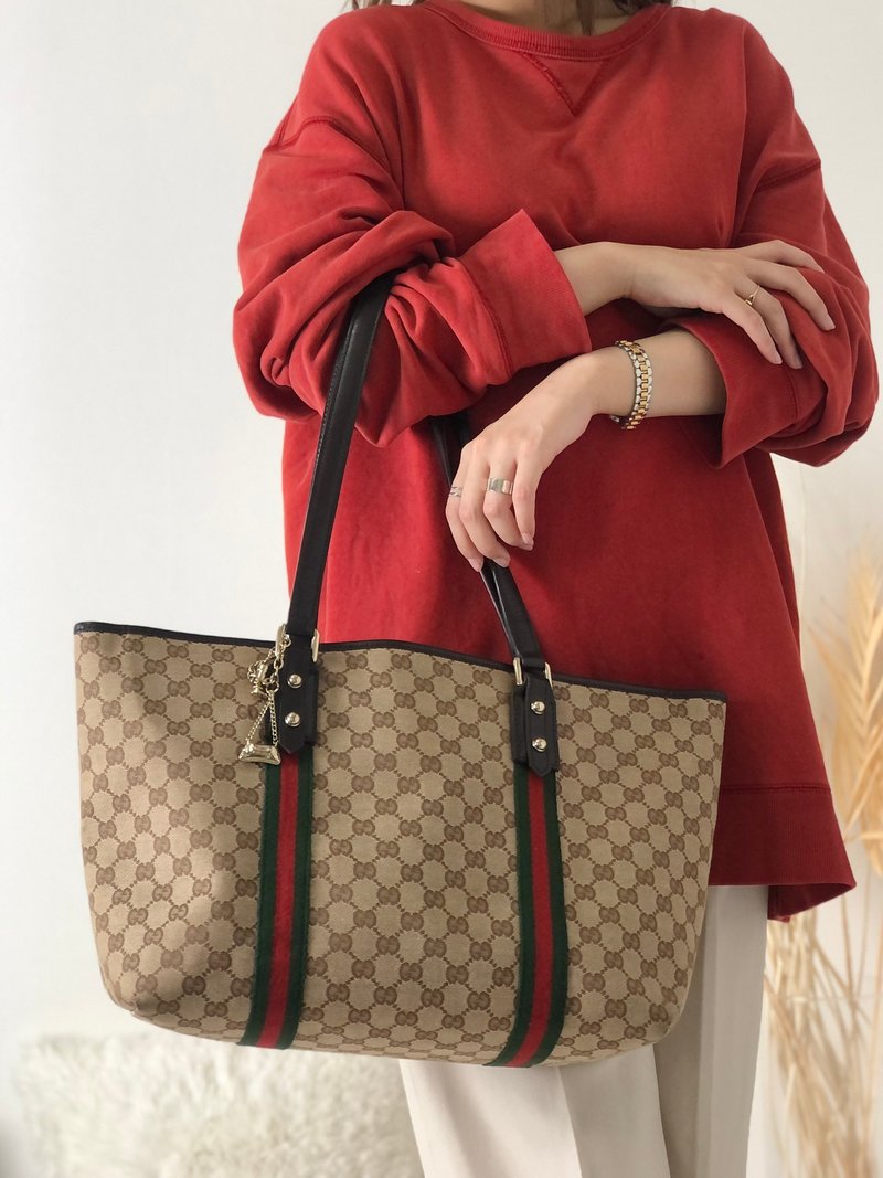 【 日本直送　名牌中古包 】GUCCI グッチ GG柄 シェリーライン ブーツチャーム キャンバス ショルダーバッグ トートバッグ ベージュ bvsyf4 - 手提包/手提袋 - 真皮 咖啡色