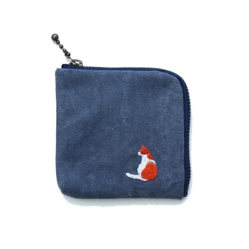 Exclusive order-hand-embroidered custom cat L square small wallet - กระเป๋าสตางค์ - ผ้าฝ้าย/ผ้าลินิน สีน้ำเงิน