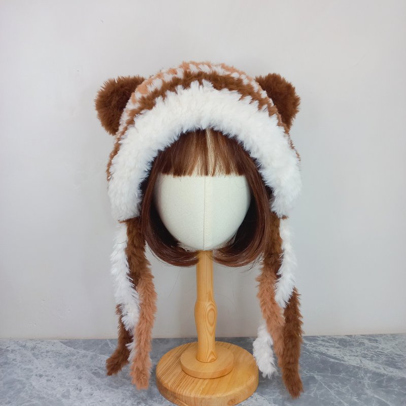 暖軟熊耳熊兜帽 皮草毛線帽  手鉤編織帽 - 帽 - 其他人造纖維 咖啡色