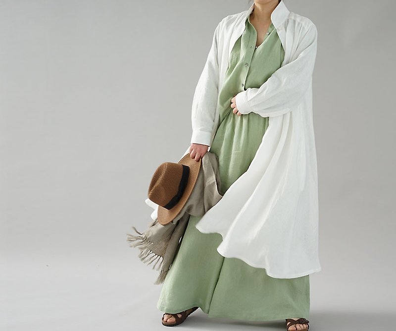 wafu  Linen dress / flare / long sleeve / long length / white a080a-wht1 - One Piece Dresses - Cotton & Hemp White