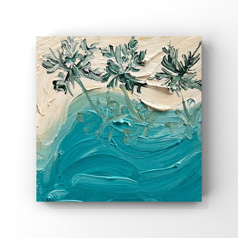 Maldives Beach Oil Painting Top View of Palm Trees Original Art Turquoise Beige - 海報/掛畫/掛布 - 其他材質 多色