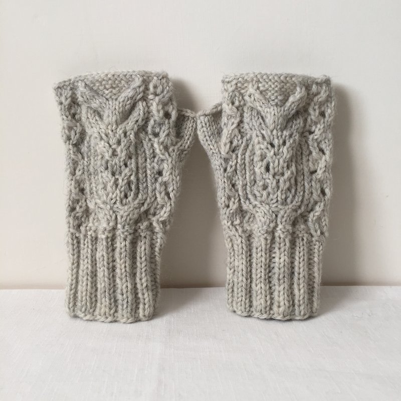 Xiao fabric hand-woven wool three-dimensional pattern fingerless gloves long ear 鸮A - ถุงมือ - ขนแกะ ขาว