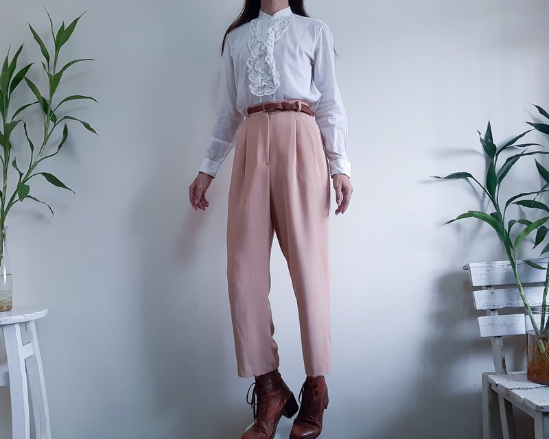 Vintage Peach Beige Pleated Pants High Waist Pants S - M Waist 26 to 29 Inch - Women's Pants - Polyester Khaki