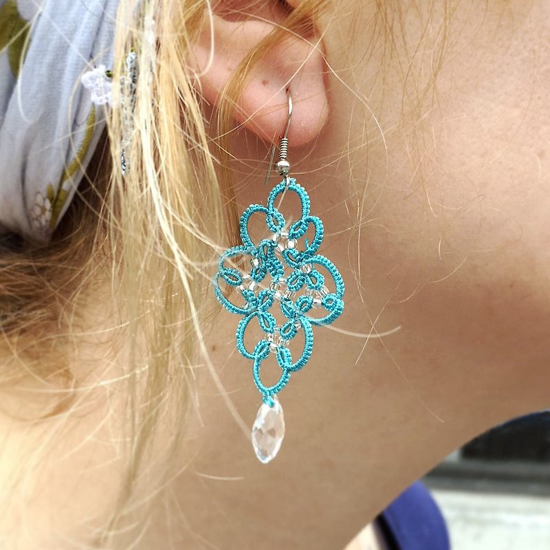 OYA Tatting lace Earrings【ARABESQUE】Turquoise - ต่างหู - ไฟเบอร์อื่นๆ สีน้ำเงิน
