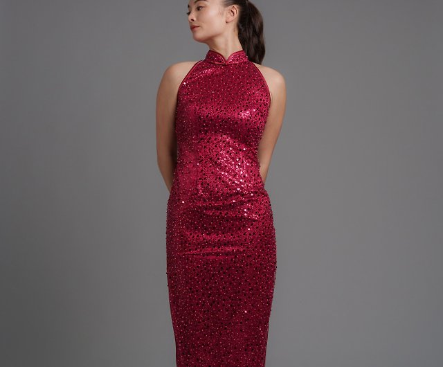 赤いノースリーブ角閃石チャイナドレス | イブニングブライダルドレス
