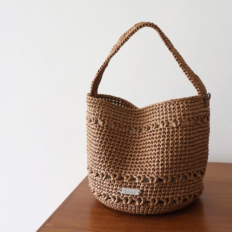 Raffia micro basket empty classic two-way bucket bag-dark brown lined magnetic buckle shoulder bag crossbody bag - Messenger Bags & Sling Bags - Cotton & Hemp Brown