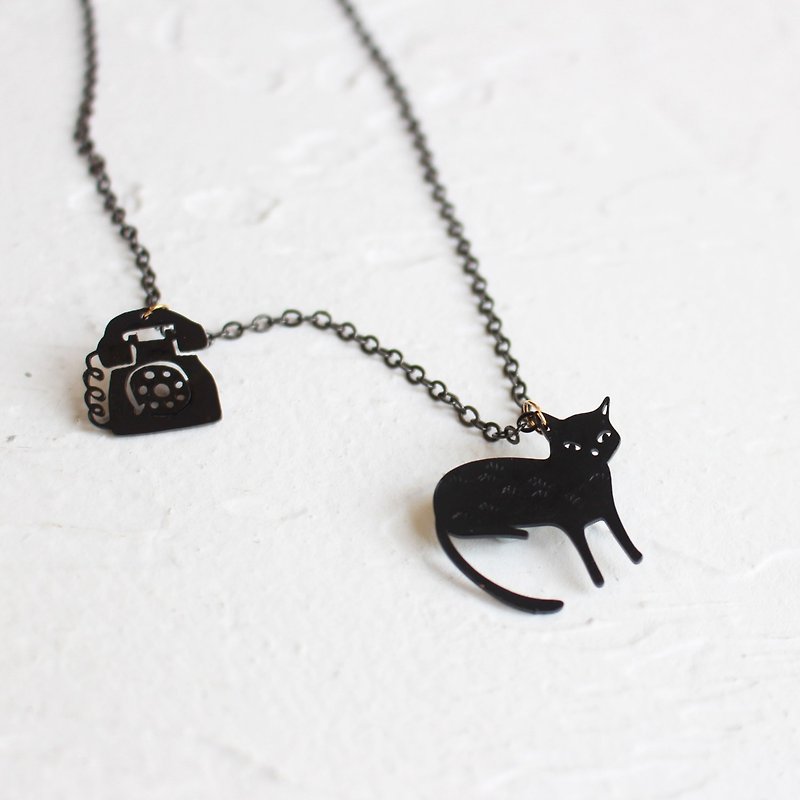 Black Cat & Telephone hammered brass black necklace II Story_Black Cat's call - Necklaces - Copper & Brass Black