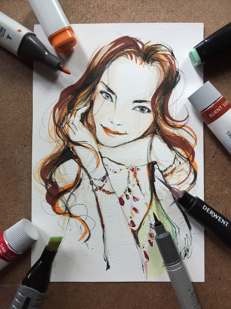 1 person custom fashion portrait drawing 4x6 inches without frame - 似顏繪/客製畫 - 紙 