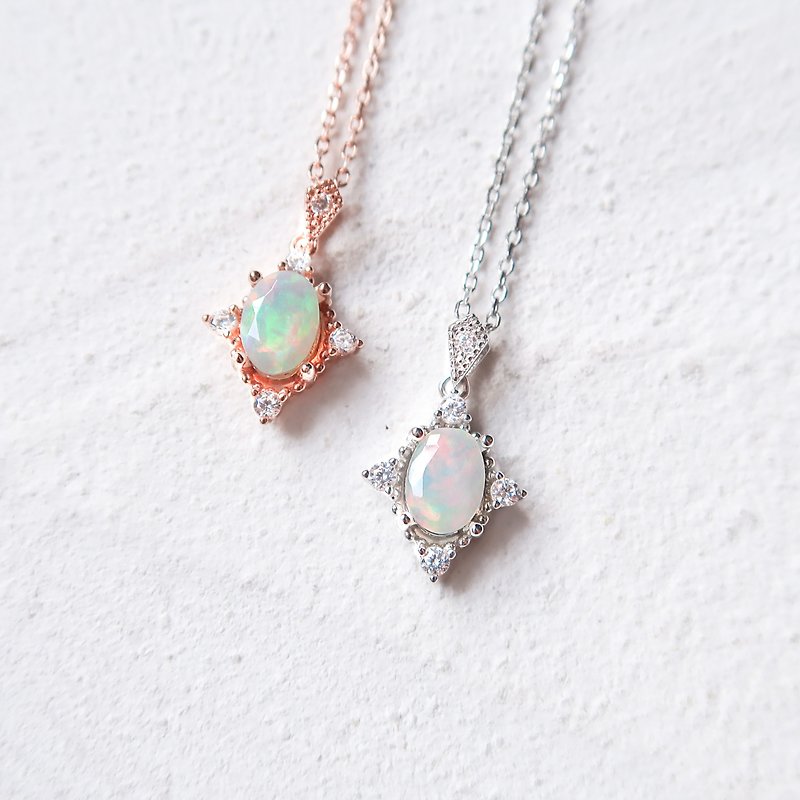 / Shiruo/ Opal Opal 925 Sterling Silver Natural Stone Necklace Necklace - สร้อยคอ - เงินแท้ สีน้ำเงิน