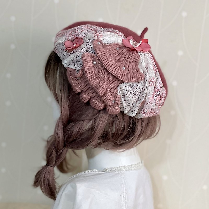 貝蕾帽beret /貝雷帽 羊毛帽 刺繡蕾絲帽子 蓓蕾帽 畫家帽 - 帽子 - 羊毛 粉紅色