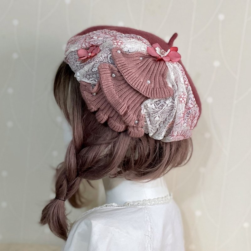 beret beret/beret wool hat embroidered lace hat beret hat painter hat - Hats & Caps - Wool Pink