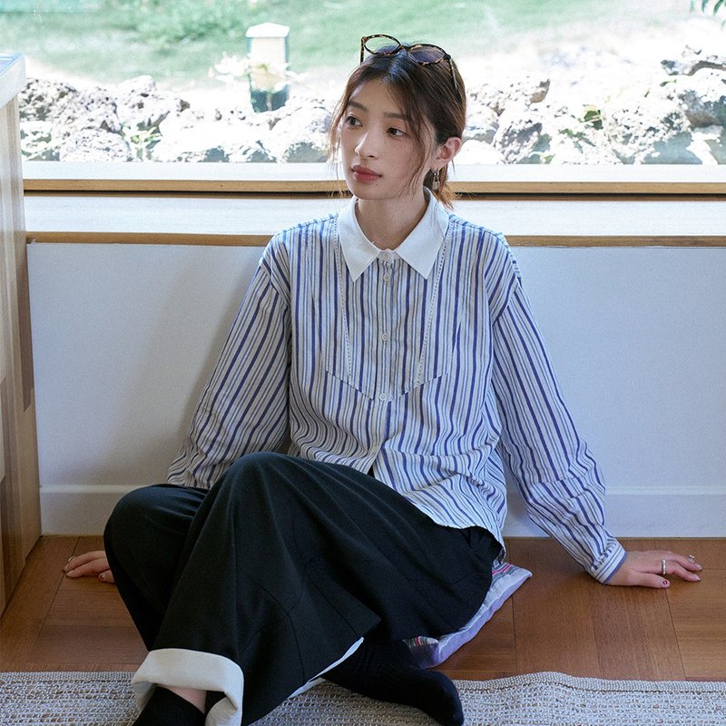 藍色條紋襯衫|襯衫|秋款|Sora-1596 - 女襯衫 - 棉．麻 