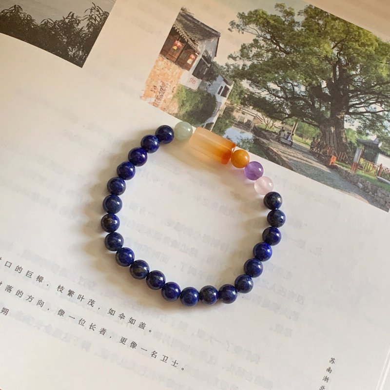 柔藍一水。天然青金石手鏈 老黃玉 翡翠 瑪瑙桶珠 粉水晶 紫水晶 - 手鍊/手環 - 玉石 多色