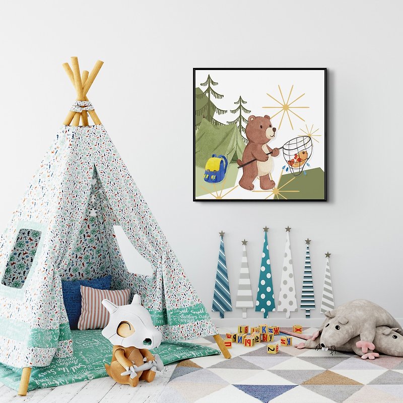 Little Bear's Fishing Tale - Interior Design, Bear Prints, Wall Decor - โปสเตอร์ - ผ้าฝ้าย/ผ้าลินิน สีนำ้ตาล