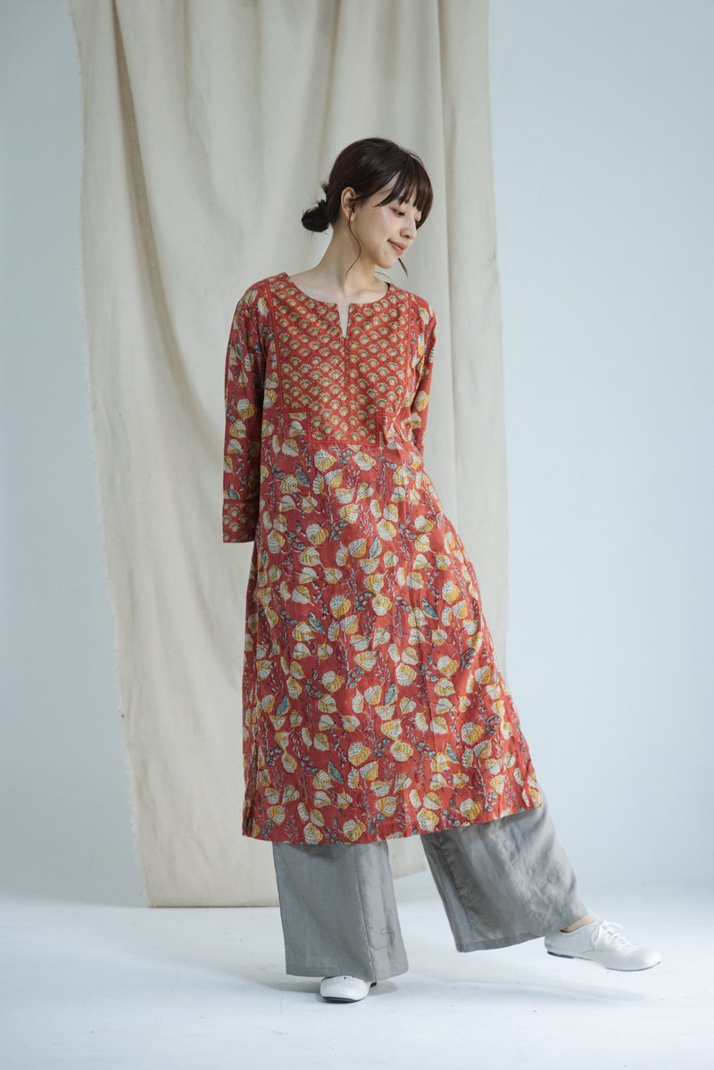 Woodblock Printed Spliced ​​Long Sleeve Pants Tower_Orange Red Flower - One Piece Dresses - Cotton & Hemp Orange