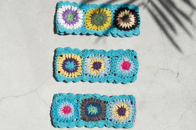 Mother's Day gift handmade cotton woven headband / colorful woven headband / flower headband-sky blue crocheted colorful flowers - เครื่องประดับผม - ผ้าฝ้าย/ผ้าลินิน หลากหลายสี