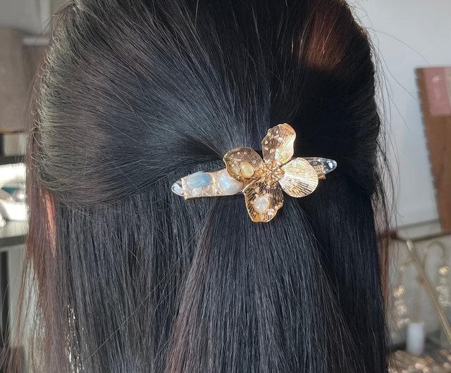 ゴールドフラワー 淡水螺鈿クリスタル ヘアクリップ H130