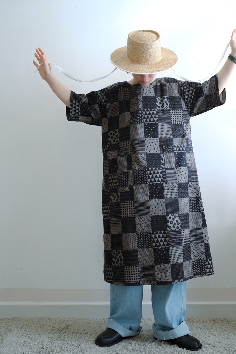 Black coffee grid pattern long dress - One Piece Dresses - Cotton & Hemp Black