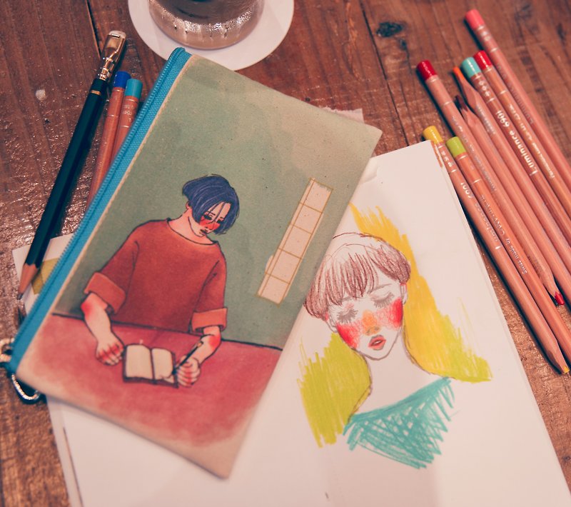 部屋の鉛筆を書く女の子のキャンバスバッグ - ペンケース・筆箱 - コットン・麻 ブルー