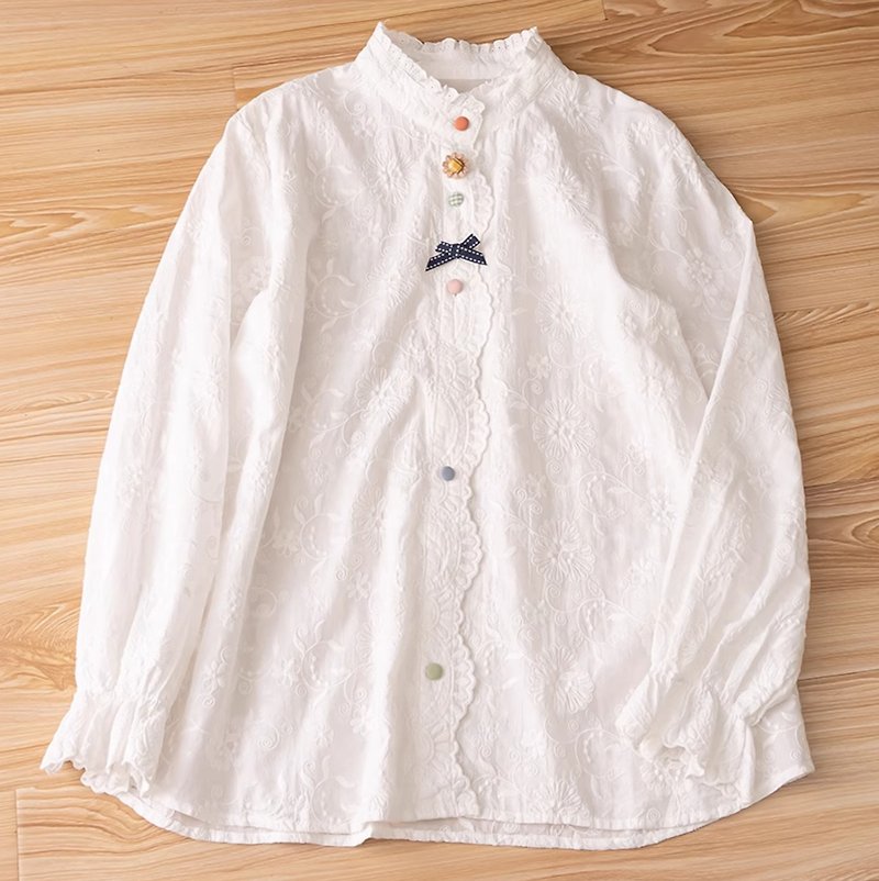 [Mori Zhihai] Japanese-style wavy colored button-down shirt with fungus edges (in stock + pre-order) - เสื้อเชิ้ตผู้หญิง - ผ้าฝ้าย/ผ้าลินิน ขาว